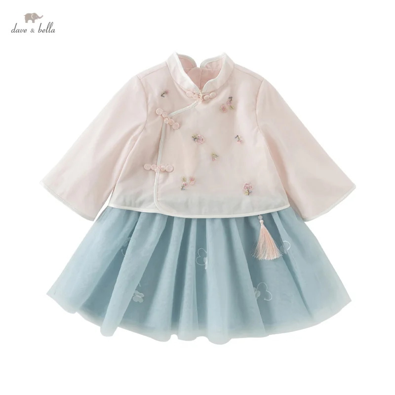 Dave Bella Children's Dress 2025 Spring Gentle Cute Girl Baby Embroidery Hanfu Fake Two Piece Party Outdoor Elegant DB1250679