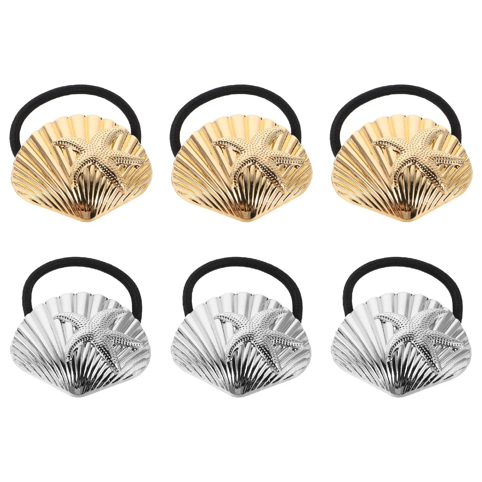 

6Pcs Sea Star Seashell Hair Ties Metal Accent Elastic Ponytail Holders for Thick Curly Hair Beach Party Summer Vacation Mermaid