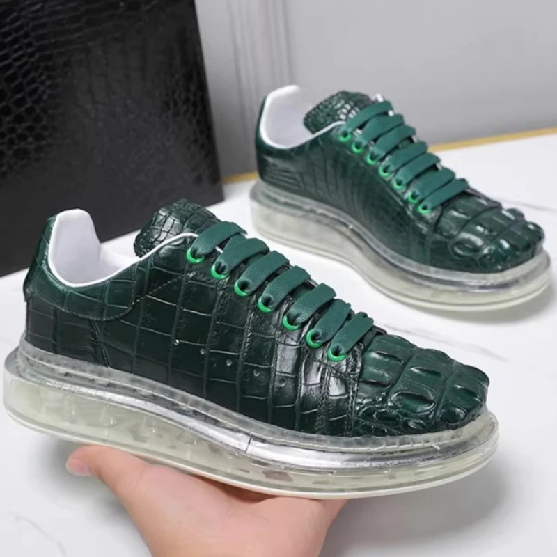 

Green Crocodile Leather Shoes Men's Casual Sports Shoes Couple's Genuine Leather Lightweight Thick Soled Height Increasing Shoes