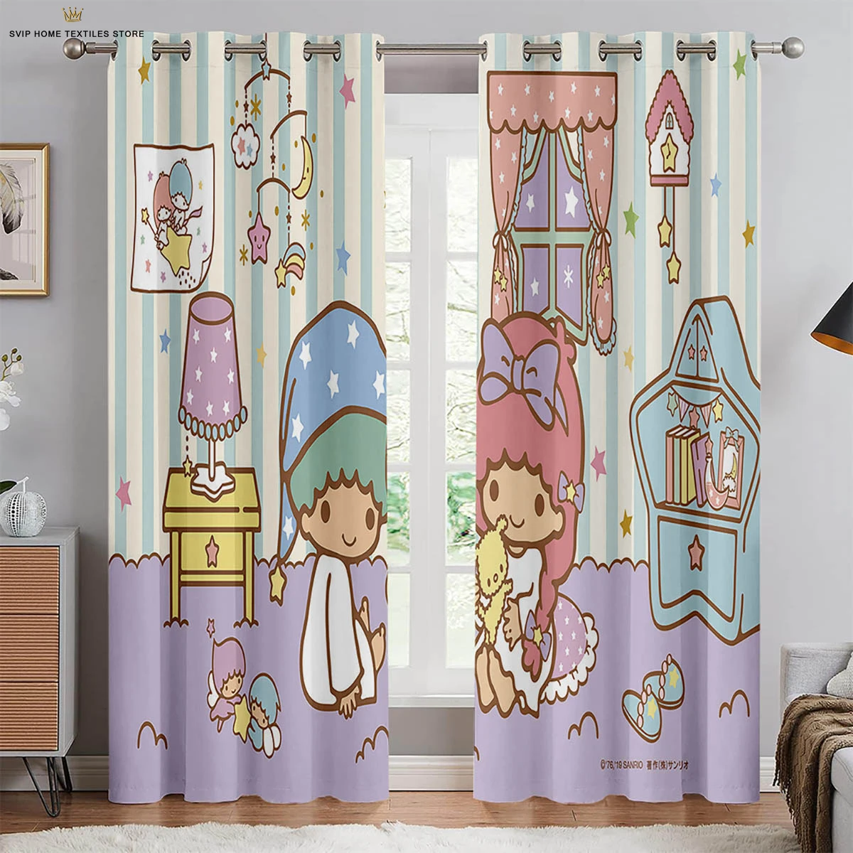 Cute Animation Cartoon Printed Curtains for Kids Room, Decorative Rod Pocket Curtains, Bedroom, Living Room, Kitchen, 2 Pieces