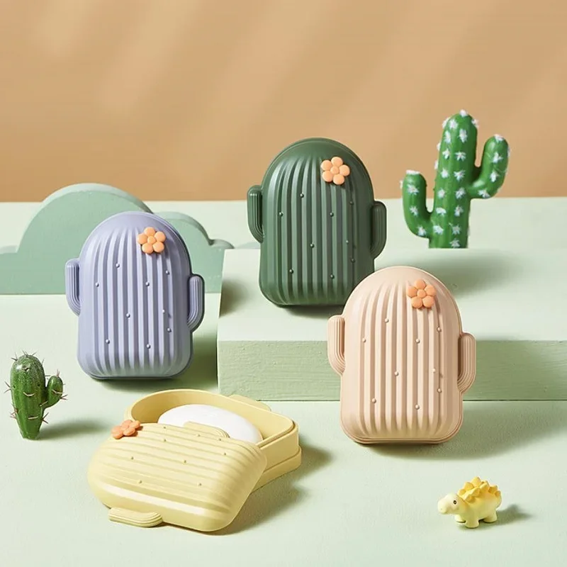 

Creative Soap Box Cartoon Cactus Shape Laundry Soap Sponge Dish Holder Bathroom Storage Travel Portable Waterproof Soap Case