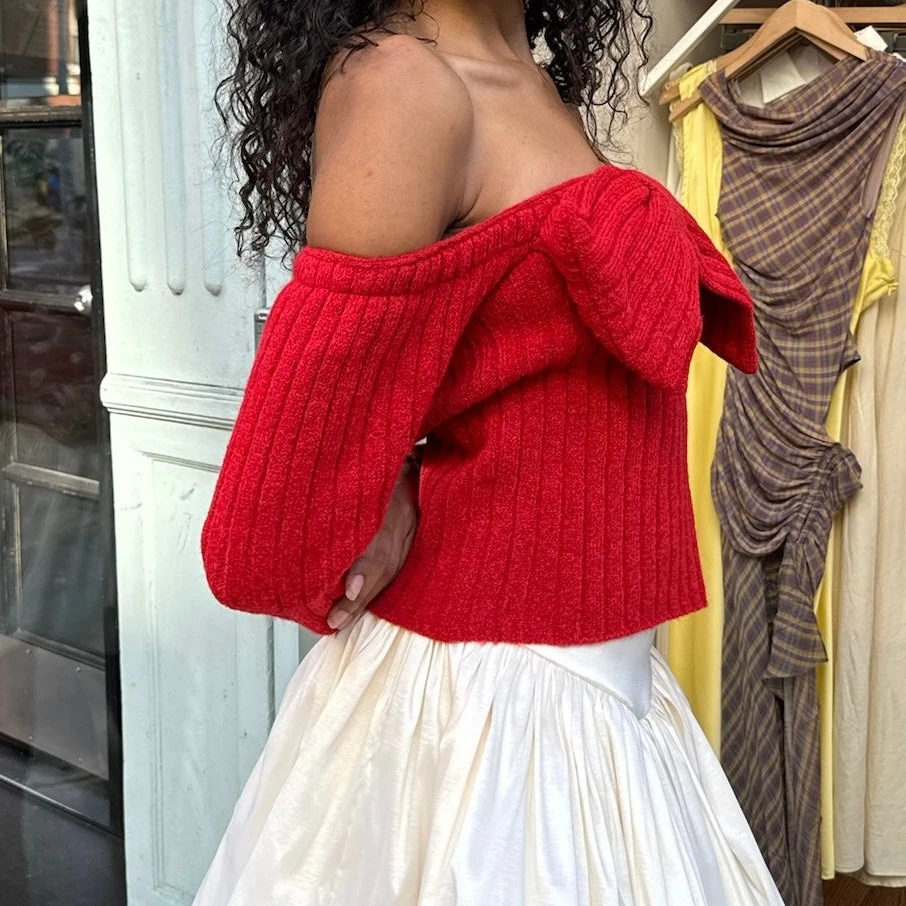 

Christmas Women's Premium Off The Shoulder Sweater Fashionable Solid Color Bow Casual Long Sleeve Knit Tops