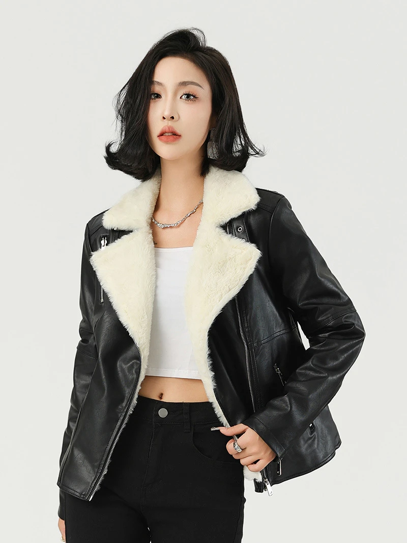 패션 가죽 재킷 플러스 벨벳 패딩 재킷 겨울용 짧은 여성 가죽 신상 노치드 칼라 긴 소매 블랙 코트 여성용