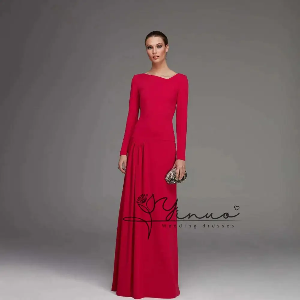 customized RED Dress Saudi Arabian Party Dresses Round Neck Full Sleeves Stones Beadings Satin Formal Evening Gown Robe De 2025