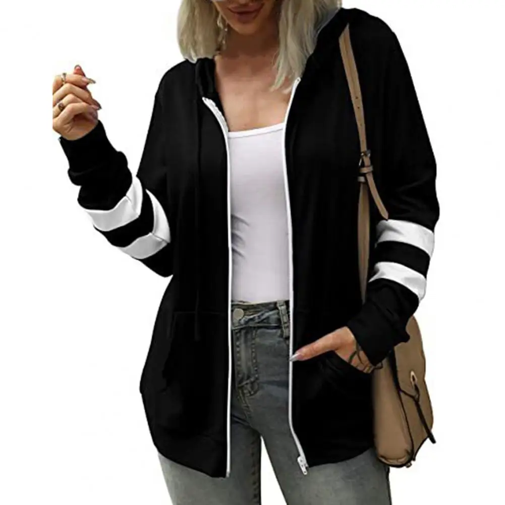 Drawstring Long Sleeves Pockets Zipper Closure Sweatshirt Jacket Spring Autumn Patchwork Color Women Hoodie Coat Women Clothing