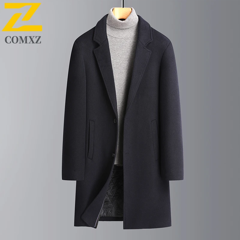 COMXZ Mens Wool Coat Winter High Quality Outdoors Office Thickened Wool Jacket Mid Length Business Casual Solid Color TrenchCoat