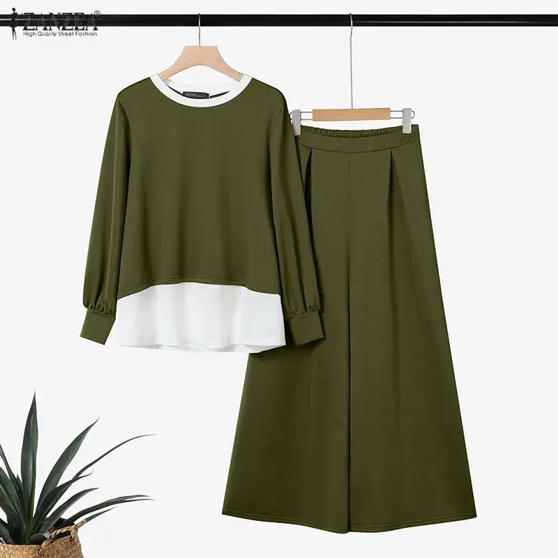 

Women's Contrast Patchwork Loose Pant Sets Long Sleeve Tops and Wide Leg Pants 2 Pieces Sets Outfits ZANZEA Streetwear Suits 3XL