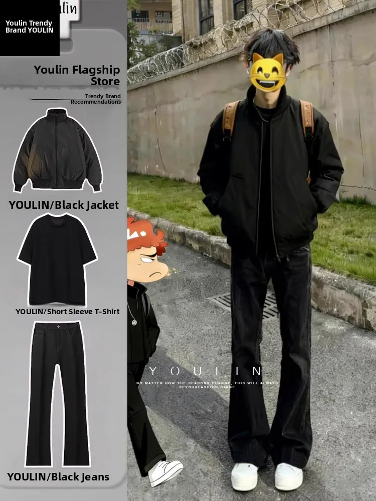 

American Sle ort Flight Jaet Outerwear for Men Cool Spring Outfit Set with Jeans Long Sve Youth Casual Sportswear