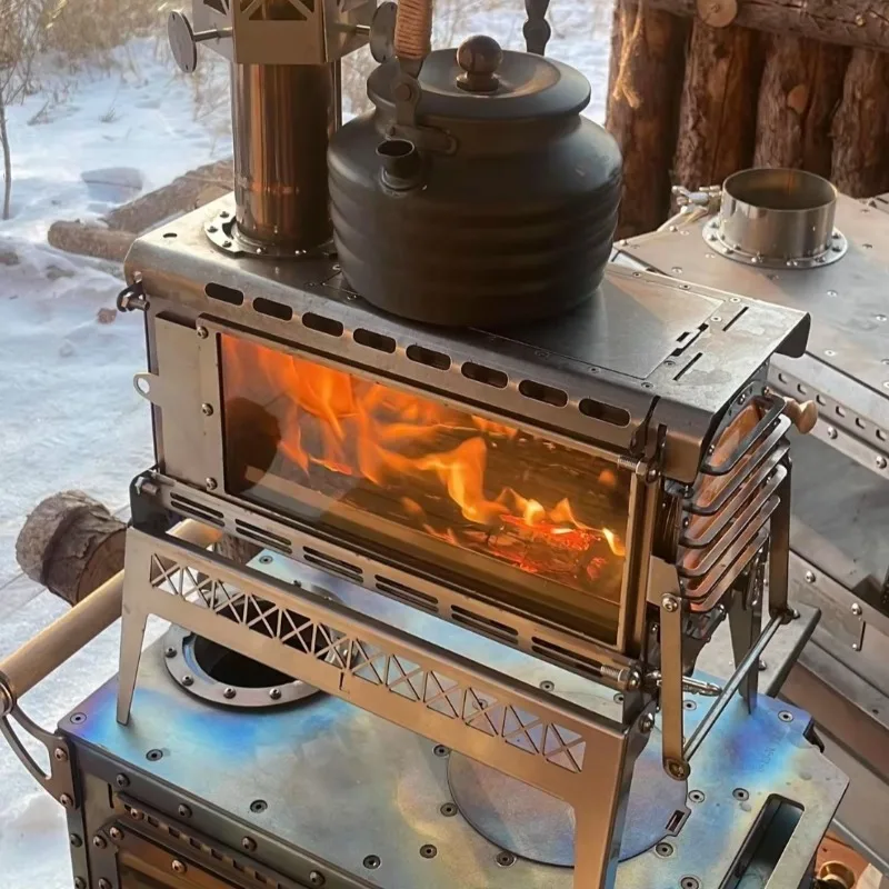 Estufa de leña de acero inoxidable, práctica forma de locomotora, estufa para exteriores, barbacoa multifuncional, suministros de cocina para campamento