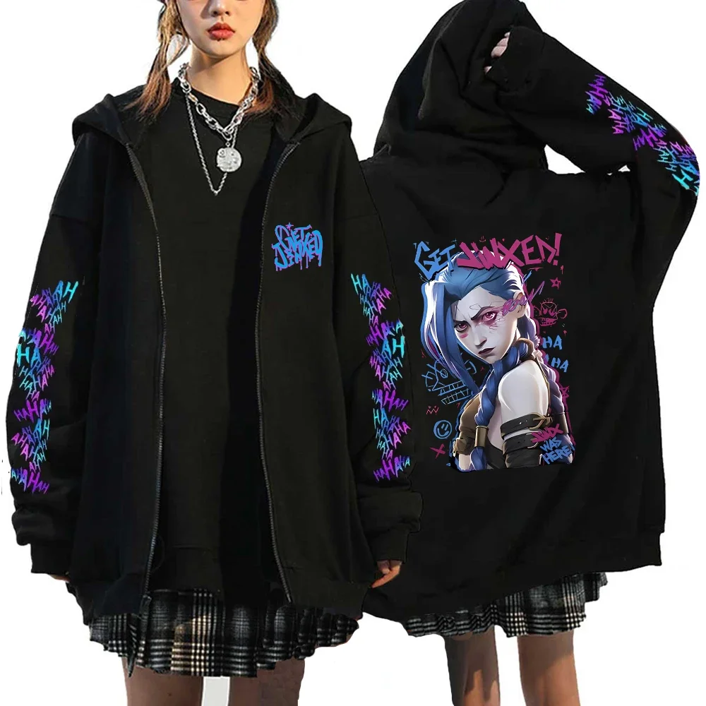 Arcane-Jinx Zipper Hoodie Monkey Graffiti Zip Up Jacket Men Women Game Lover Popular Sweatshirts HipHop Streetwear Pullover Gift