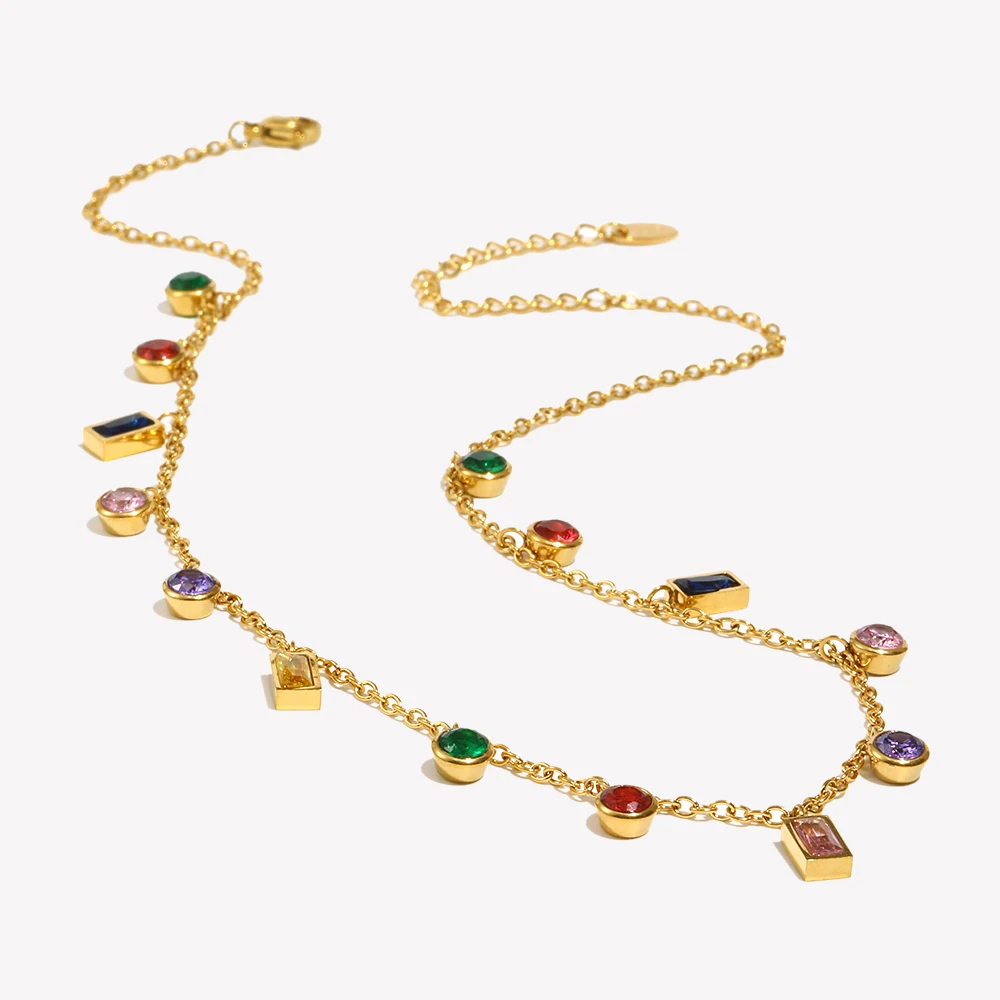 E.B.belle Geometric Zircon Pendant Necklace Waterproof 316L Stainless Steel Jewelry 18K Gold Plated Decoration