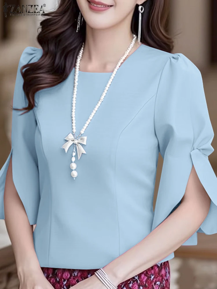 

ZANZEA Women Summer 3/4 Sleeve Work Blouses Elegant Solid Shirts Stylish Split Tunic Tops Casual O Neck Female Chemise Oversize