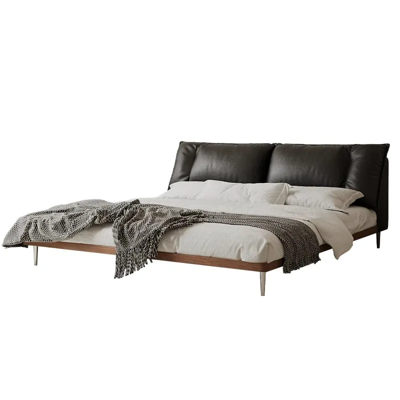 

Italian minimalist solid wood leather bed master bedroom first layer cowhide retro double bed ash wood antique wedding