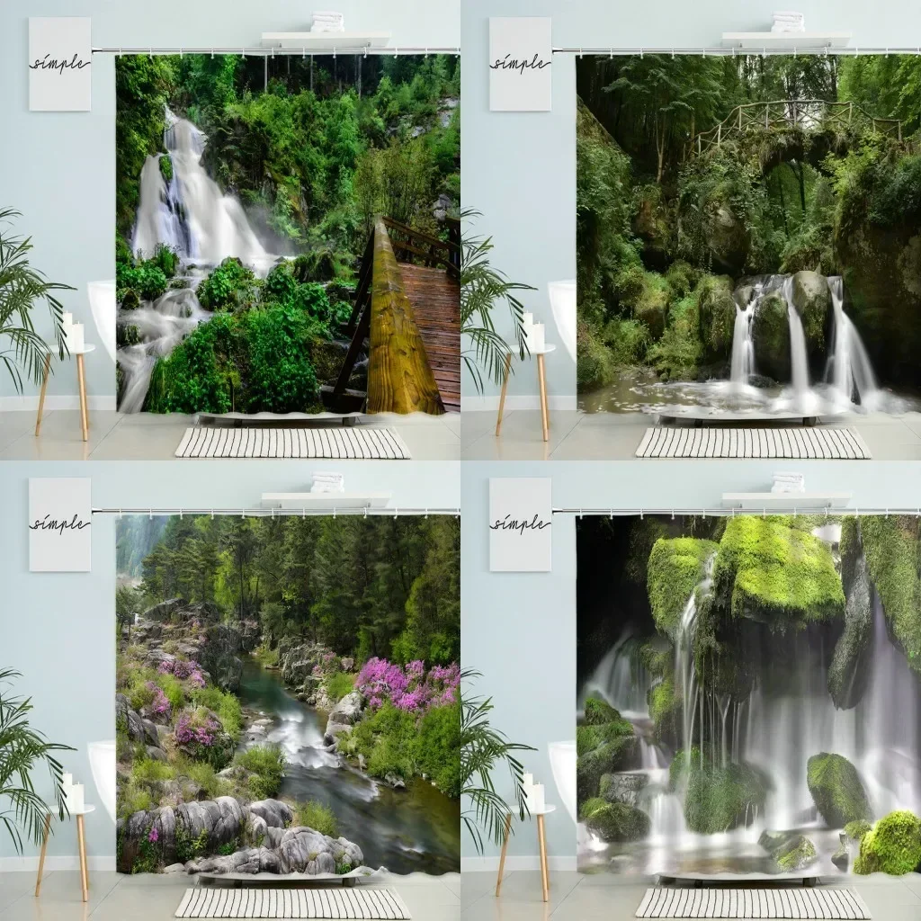 Waterfall Forest Landscape Shower Curtain Natural Scenery Bathroom Decor Green Plants Flowers Stone Rock Lake Park Spring Screen