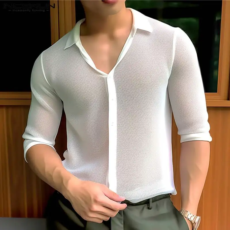 

INCERUN Men Shirt Lapel Half Sleeve Button Solid Color Transparent Casual Men Clothing Summer Streetwear Fashion Shirts 2024