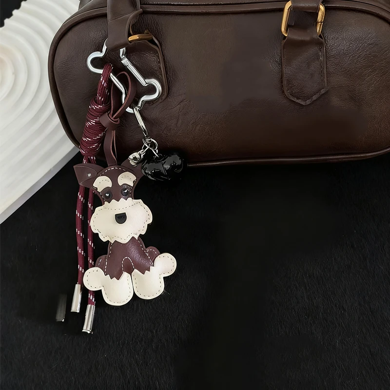 Cute Puppy Schnauzer PU Leather Keychain Cartoon Animal Dog Pendant Lovely Bag Hanger for Women