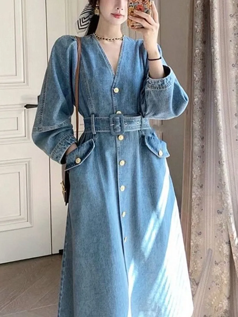 V Neck Denim Dress Women Spring Autumn French Style A-line Jeans Long Sleeve Dress Single Breasted Casual Solid Robe