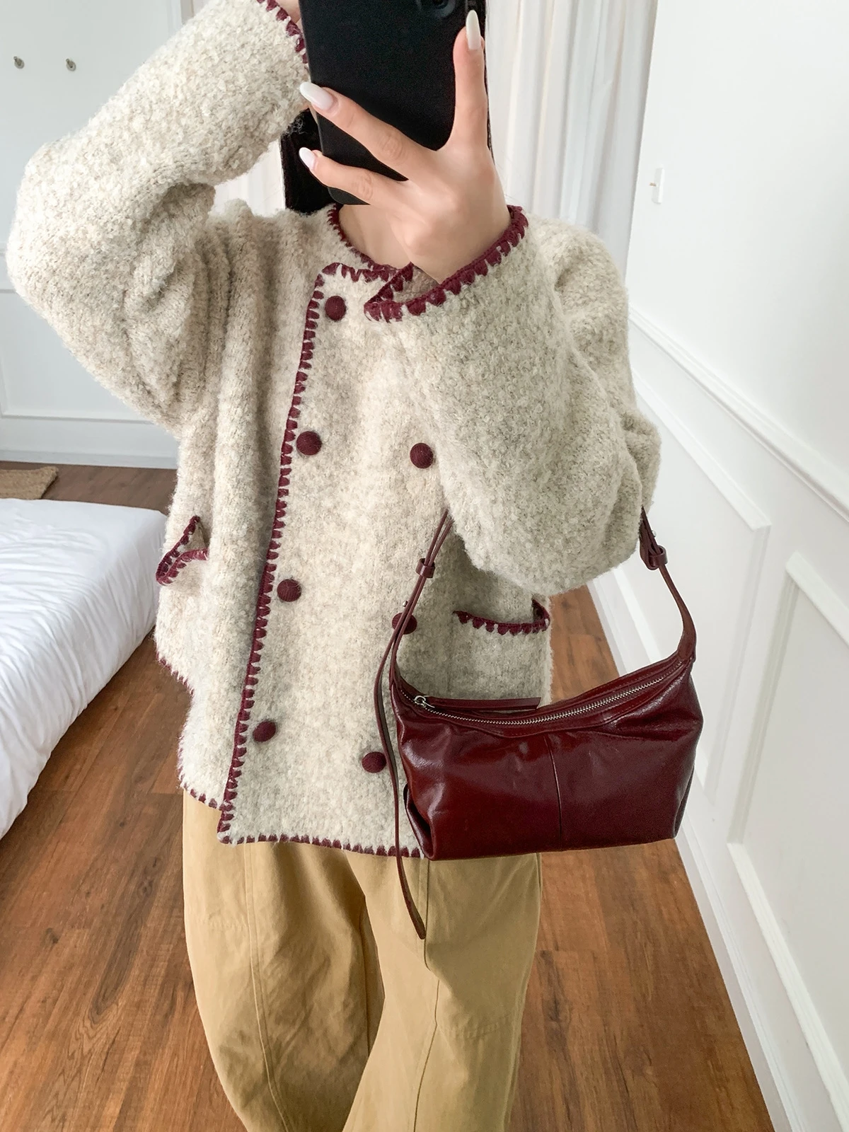 

Sweet Pure Woolen ort Пальто Двухрядные пуговицы Молочный круглый Ne Мягкий и теплый осенне-зимний новый женский вязаный свитер