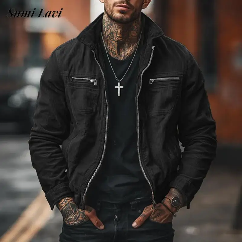 

Fashion Mens Corduroy Cargo Jackets 2025 Autumn Winter New Casual Zipper Lapel Jacket Coat Vintage Men Solid Color Outerwear