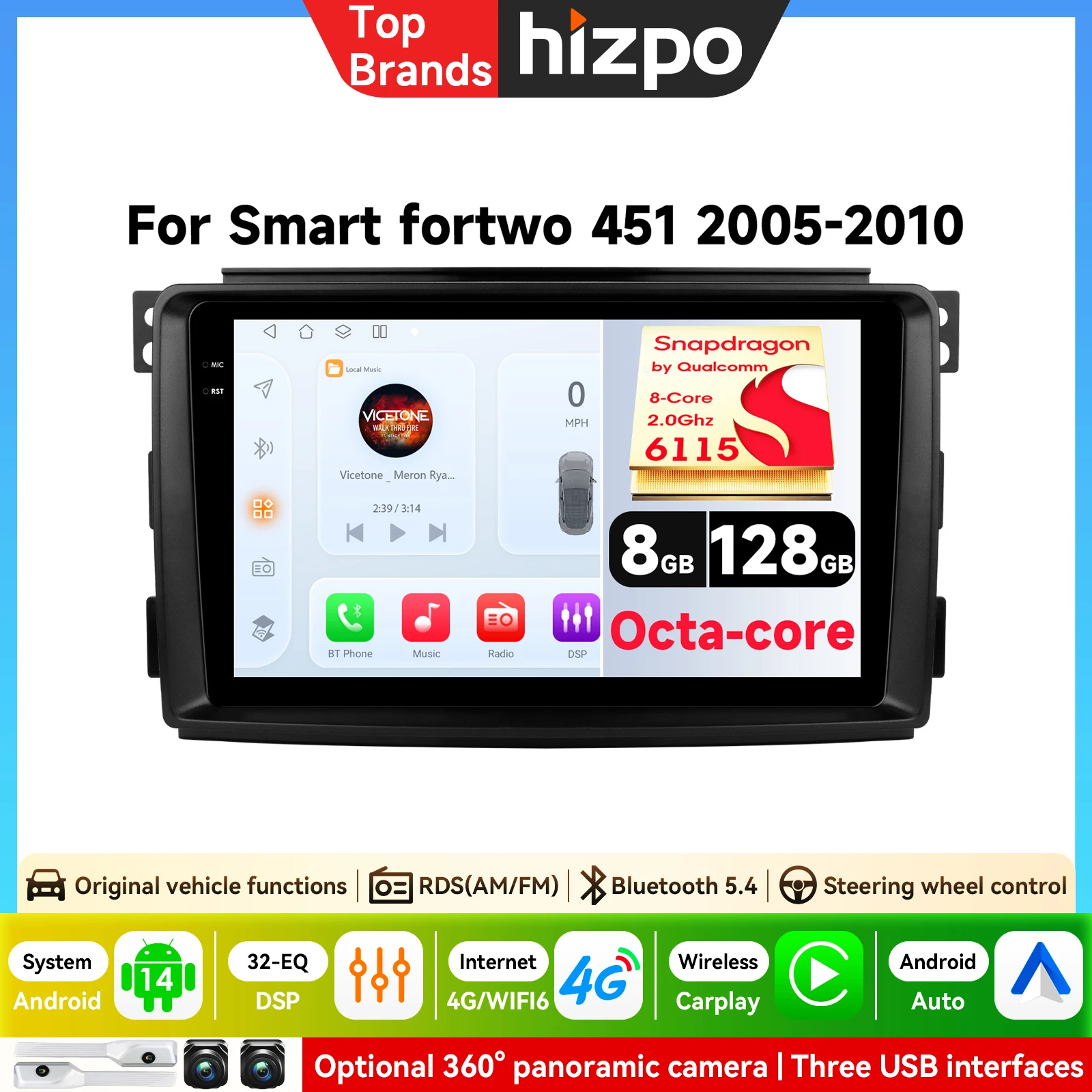 Autoradio AI da 9 Pollici con CarPlay e Android per Mercedes Benz Smart Fortwo 451 2005 - 2010, Sistema Multimediale GPS FM WIFI BT