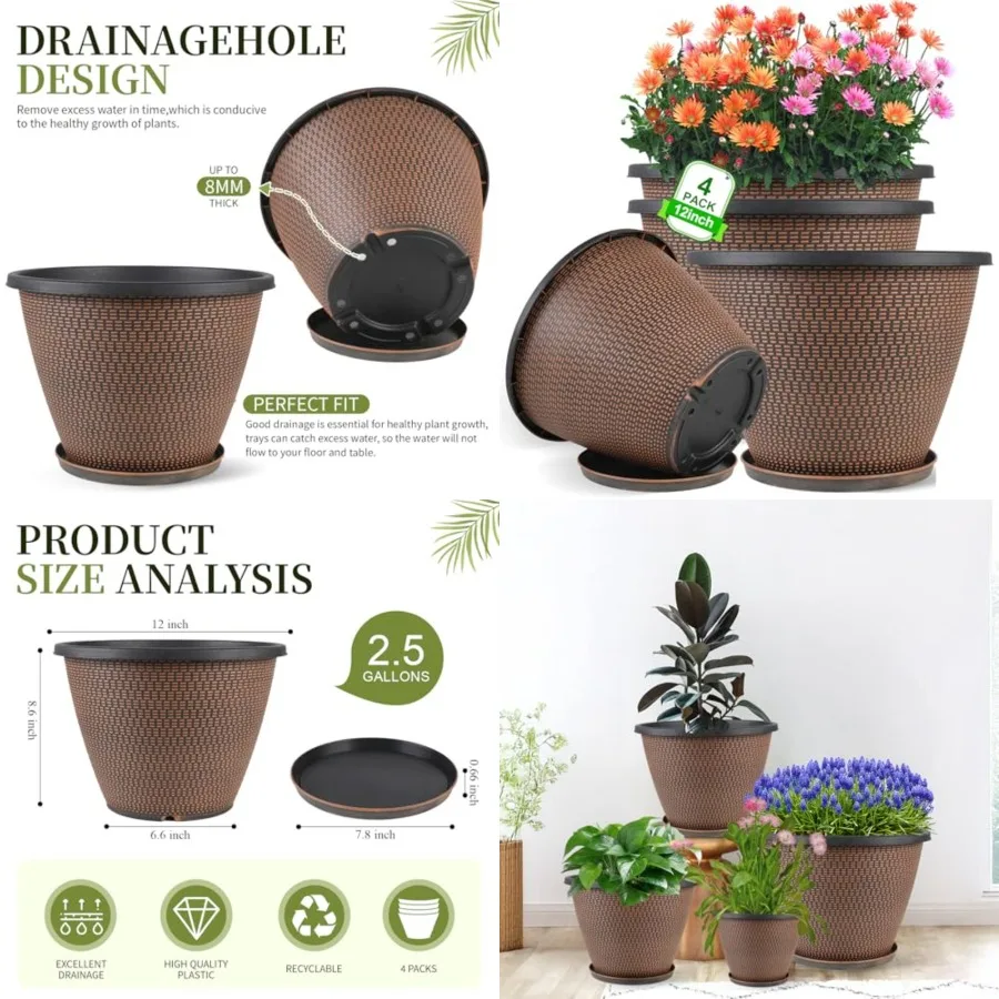 

Pots for Plants, 4 Pack Large Outdoor Planter Pot with Draage Holes and Saucers, Plastic Flower Pots for door Plants, Decorativ
