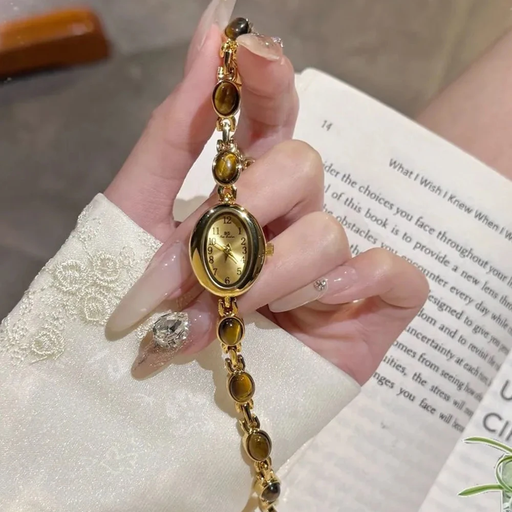 Luxury Gold Oval Bracelet Watch for Women Elegant Natural jade stone Quartz Wristwatch Minimalist Dress Watch Gift for Ladies