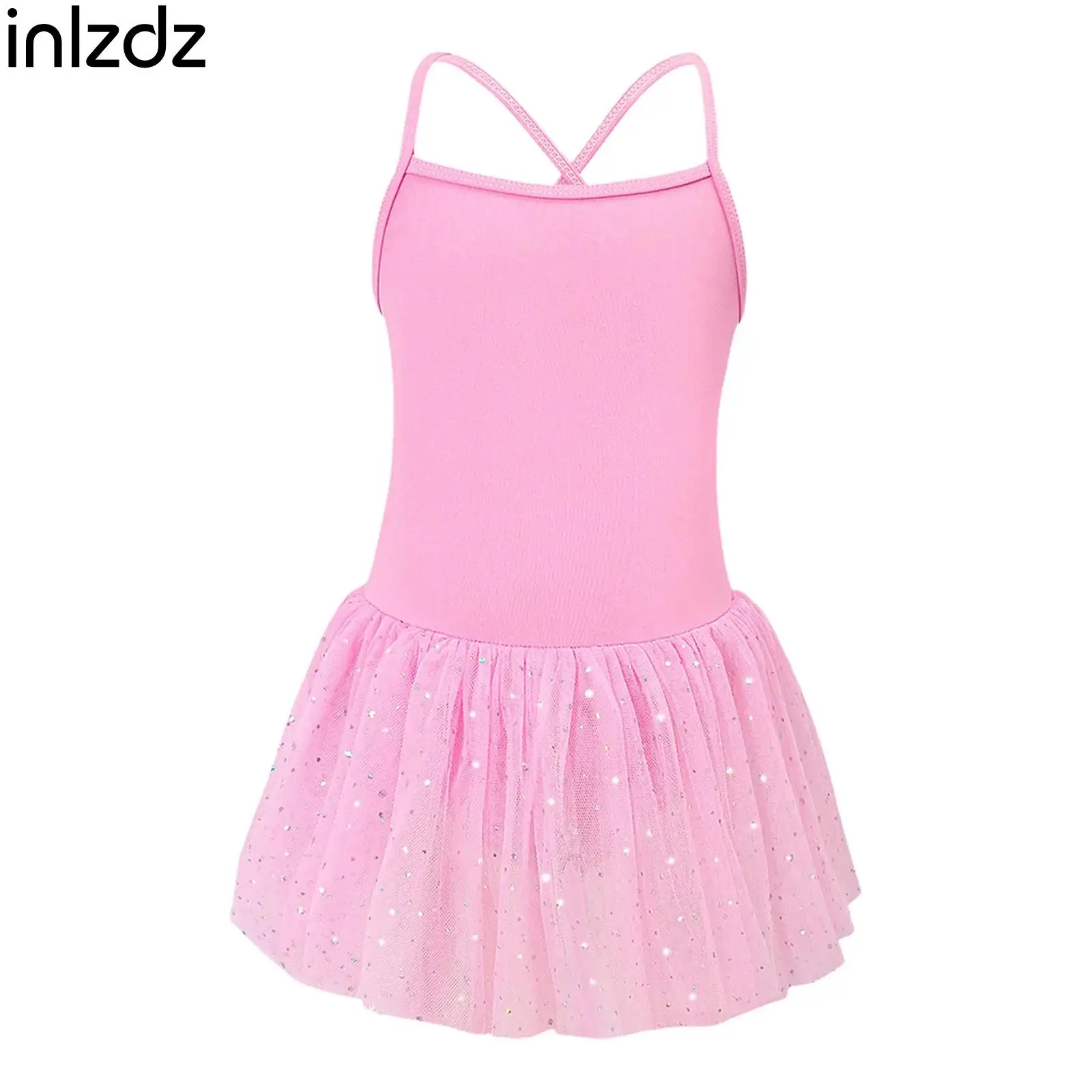 

Children Girls Ballet Latin Dance Clothes Spaghetti Straps Cross Back Sequin Tulle Dress for Yoga Gymnastics Dance Practice