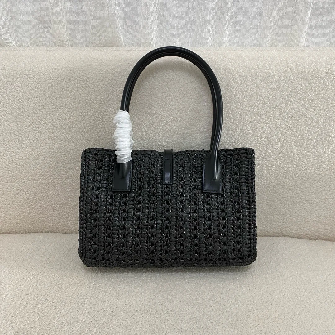 Summer bag Raffia Grass Woven Handbag - Black Chic Design with Wide Strap & Short Shoulder Chain, Textured Grid Pattern