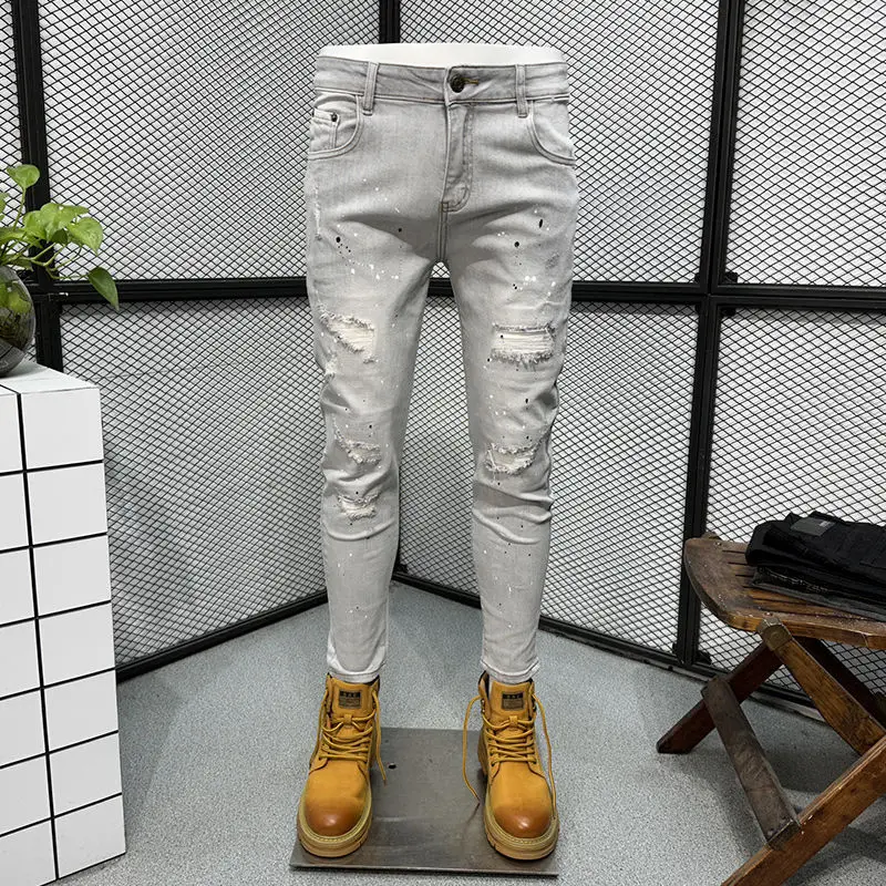 Spring Autumn Light Grey Men's Distressed Ink Splatter Slim Fit Jeans Elastic Casual Long Pants Trendy Brand Versatile Wear