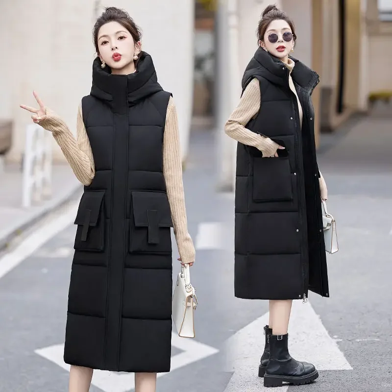 سترة نسائية بدون أكمام سترة طويلة أسفل الصلبة كوريا مقنعين سترات مبطنة فضفاضة الإناث السيدات موضة معطف الشتاء غير رسمي