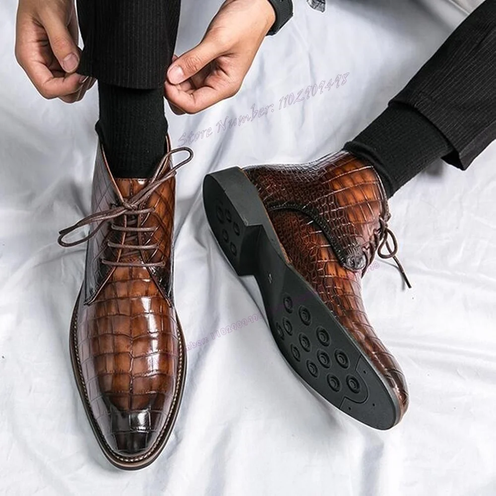 Brown Crocodile Skin Lace Up Dress Shoes for Men Pointed Toe Chunky Heels British Style Shoes Business 2023 Wedding Party Shoes