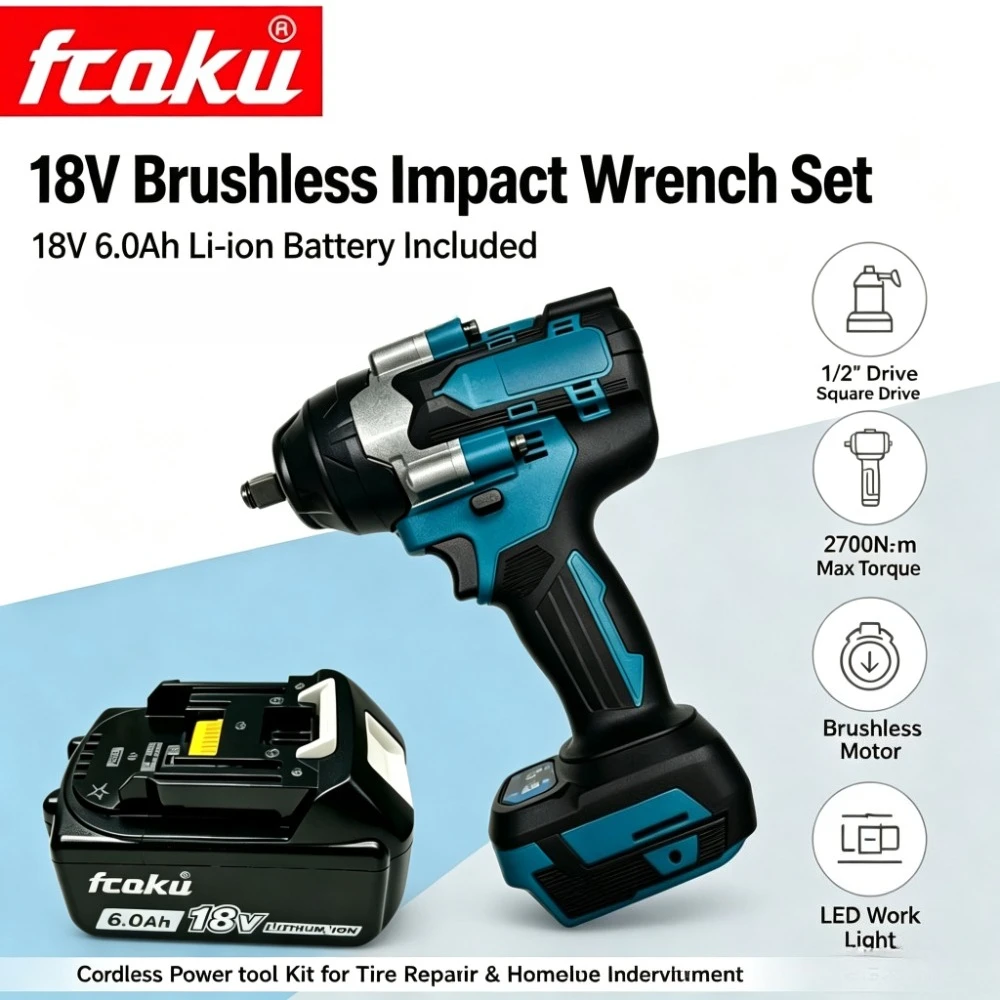 18V Brushless Electric Impact Wrench 1/2 Inch Heavy Duty Tire Repair Wrench with 6.0Ah Li-ion Battery, Compatible with LXT Serie