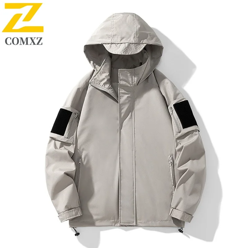 COMXZ Men Hooded Jacket Lightweight Outdoor Waterproof Adventure Hunting Fly Fishing Windbreaker Jackets Autumn Gorpcore Coat