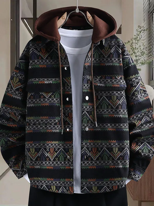 

Loose Fit Hooded Denim Jaet for Teens Spring Autumn Casual Ethnic Sle Color Blo Men's Outerwear Cotton Polyester Blend