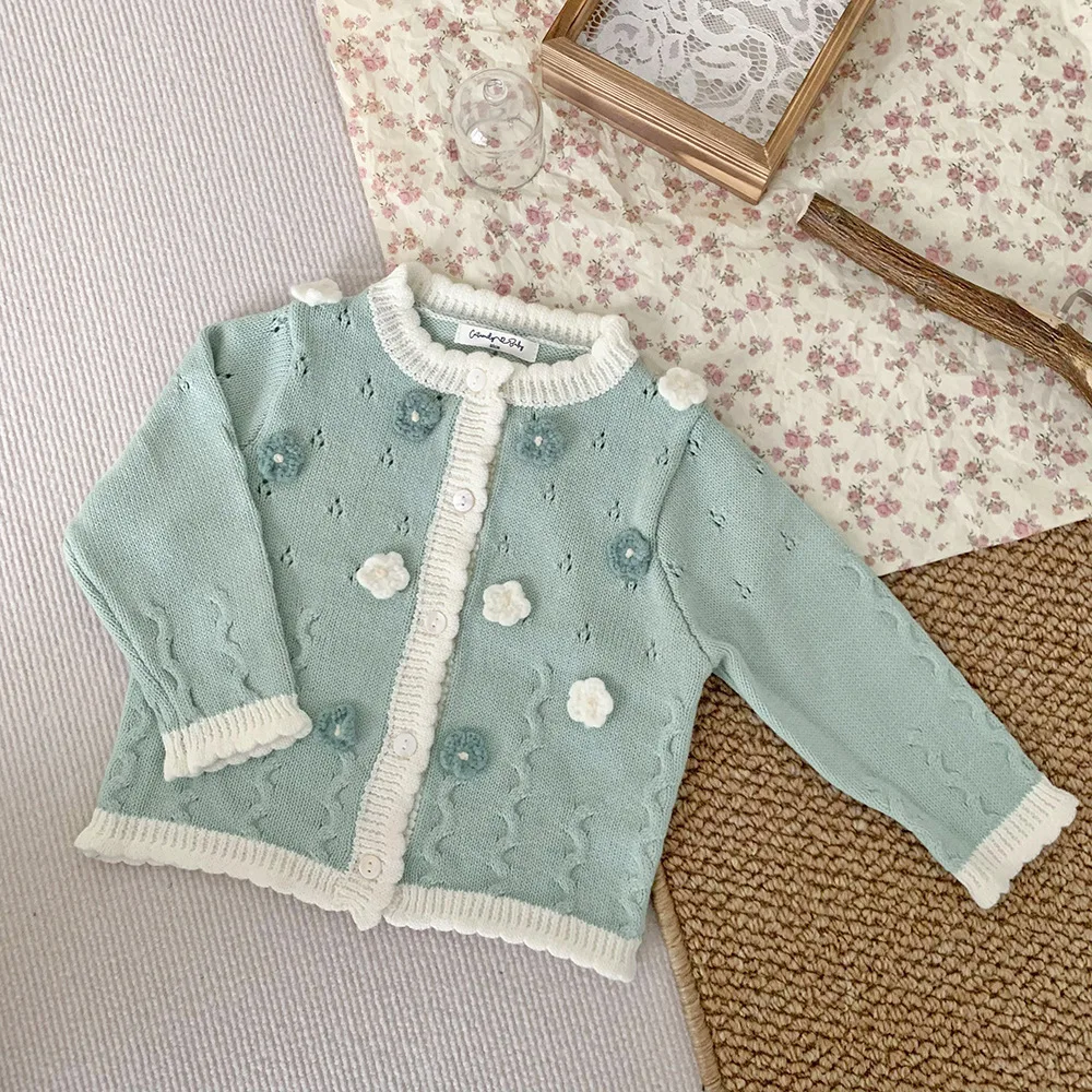 Spring Autumn Baby Girls Knitted Handmade Cardigan Sweater Coat Girls Flower Appliques Long Sleeve O-neck Jacket Baby Clothes