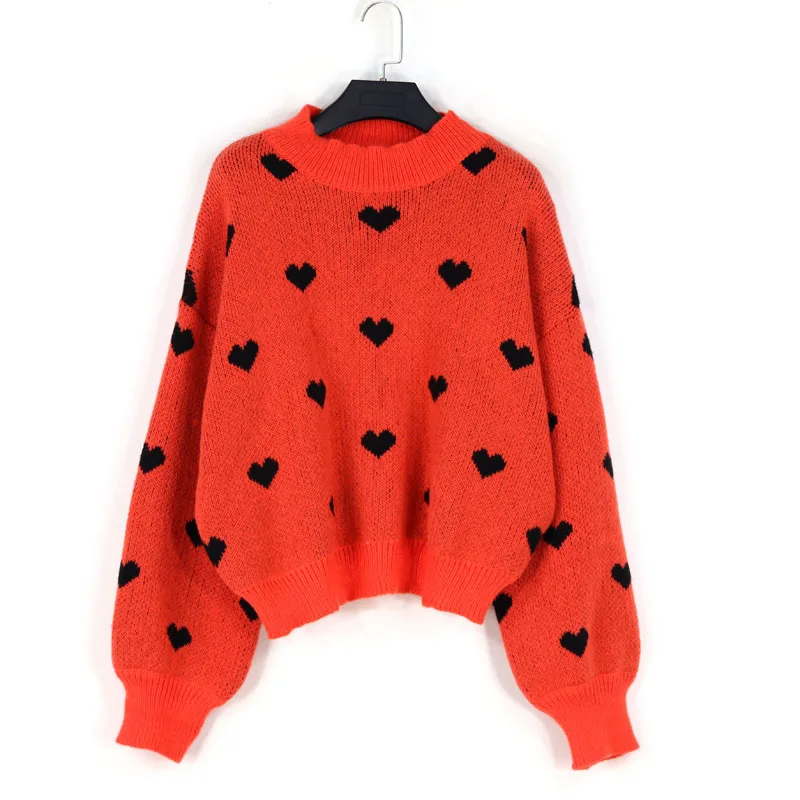

Loose Women's Knitted Sweater round Ne Pullover Autumn Winter Heart Pattern Lazy Sle Boting irt Street Faion