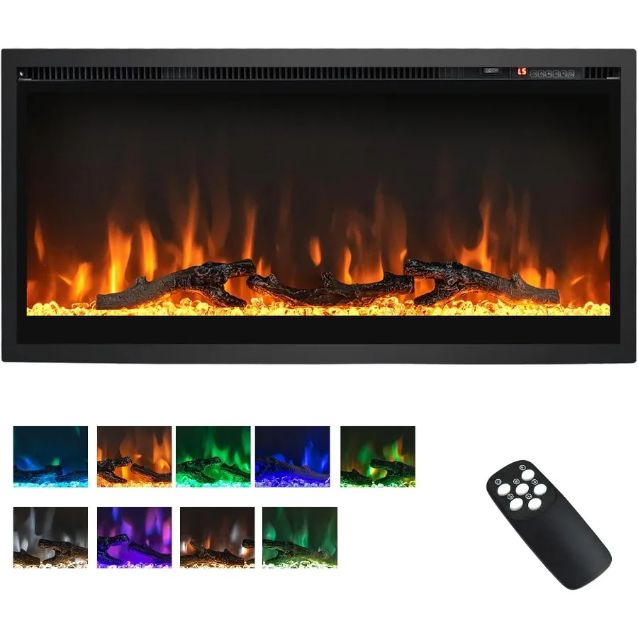 36 Inch Electric Fireplace Insert Recessed Wall-Mounted Heater with Thermostat 9 Flame Colors 5 Brightness Levels Remote Contro