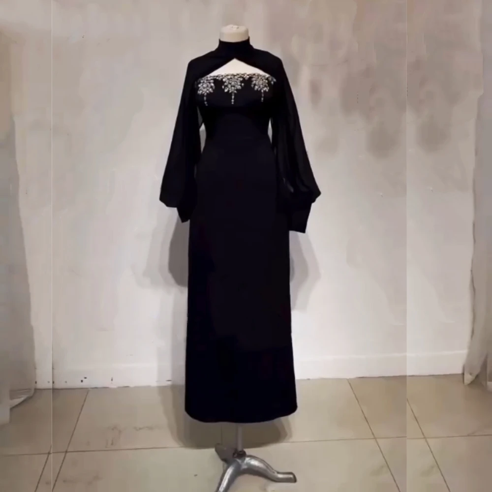 

Customized Jersey Rhinestone High Collar Straight Midi Dresses Bespoke Occasion Classic Women Evening Dress Elegant Party