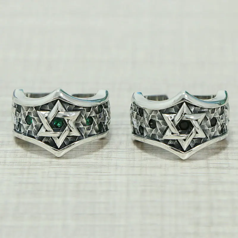 

Wide face 925 silver ring, trendy male personality, Japanese and Korean six pointed star open ring, cross live mouth Thai silver