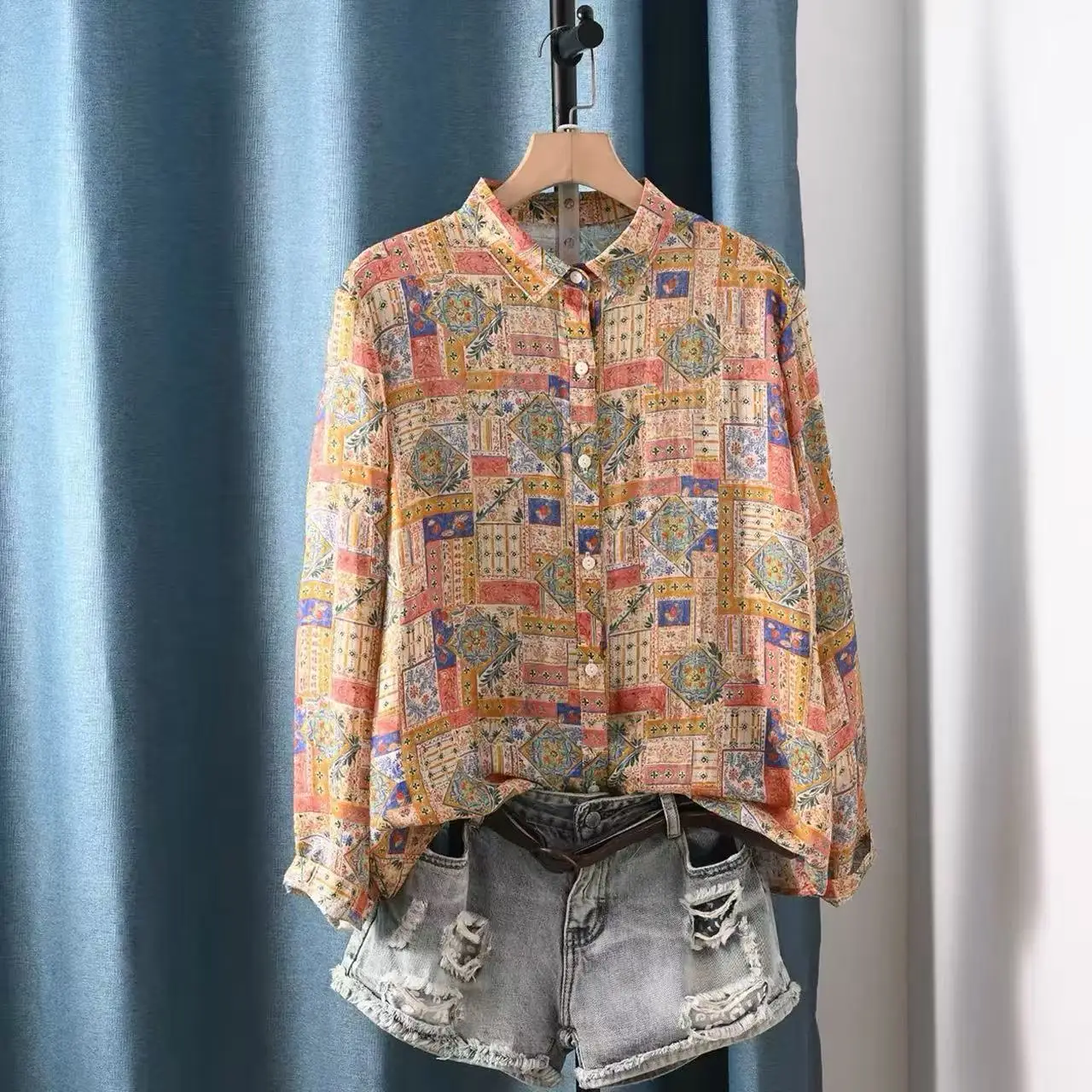 2027 Women Autumn 100% Ramie Linen Bohemian Print Blouse Long Sleeve Lapel Collar Shirts Boho Loose Vacation Tops