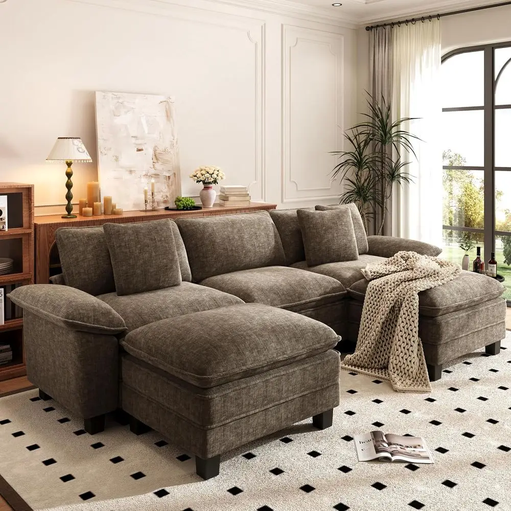 

U-Shaped 5-Seater Sectional Sofa with 2 Ottomans, Chenille Fabric, Taupe