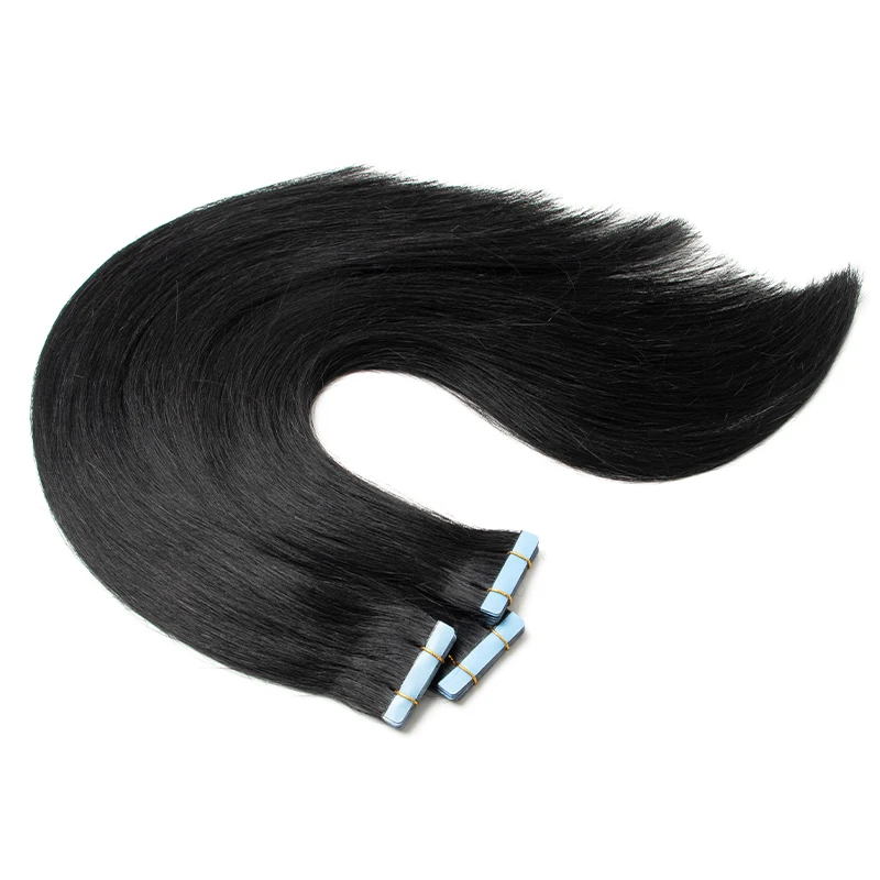 Cinta de trama de piel de Pu Invisible, extensiones de cabello humano inyectado sin costuras, cinta atada a mano negra azabache, 10 unids/lote por paquete