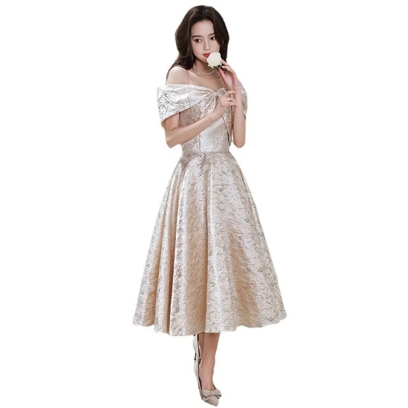 2025 New Spring Women's One Shoulder Butterfly Knot Decoration Gold Evening Dress Fashion French Host Birthday Party Style Dress