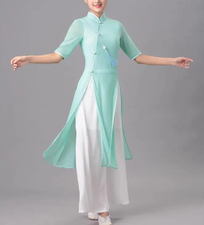 Cheongsam Aodai Women Dance Dress Green Summer Vietnam Classical