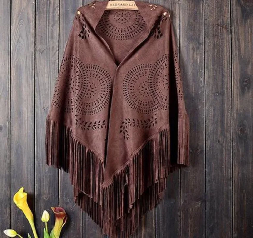 Spring Autumn Womens Suede Hollowed Out Circular Tassel Shawl Scarf