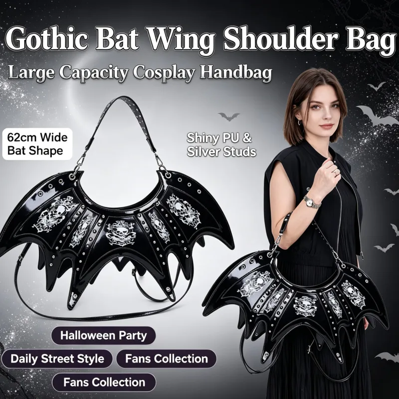 Halloween Gothic Bat Wing Shoulder Bag Black PU Leather Skull Print Punk Crossbody Cosplay Fun Handbag Purse, Holiday Party Gift