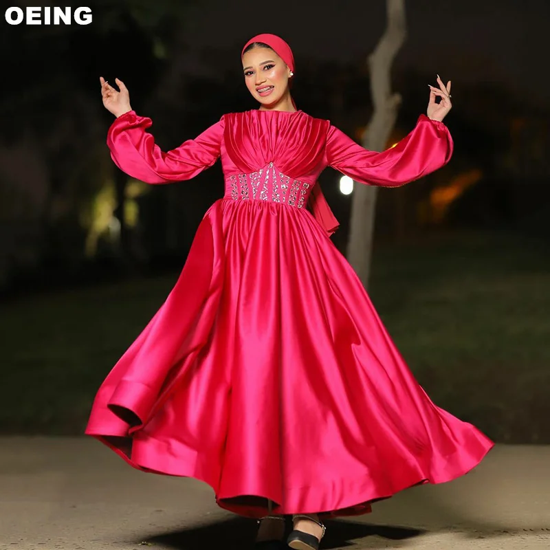 

OEING Fuchsia Handmade A-Line Prom Dresses Elegant Pleated Satin Muslim Evening Dress Formal Occasion Gowns Vestidos De Novia