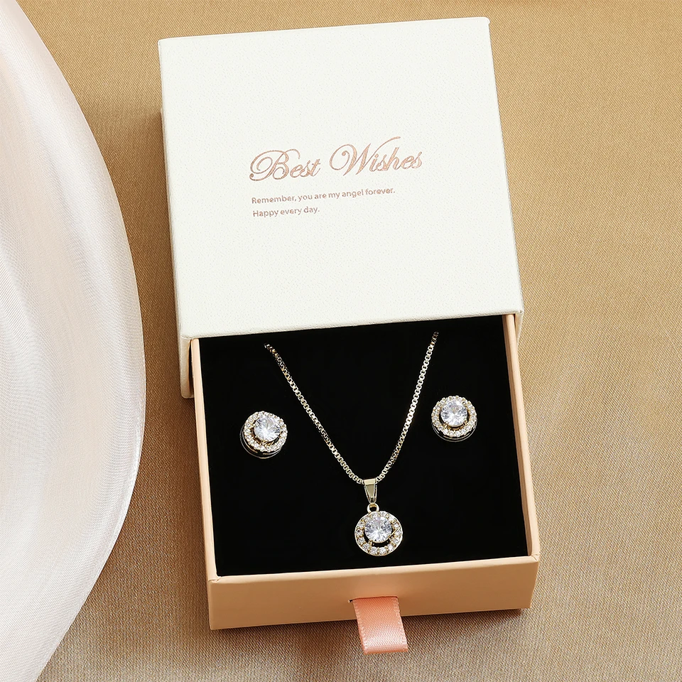 ZAKOL Fashion Cute Clear Round AAA Zircon Earrings Necklace Set Charm Jewelry Set Gift With Packaging Box