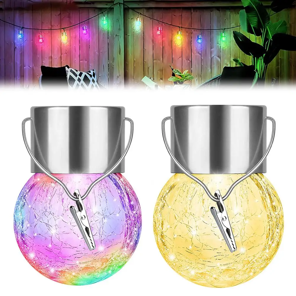 Lampes solaires suspendues, lumières de décoration de noël avec boule multicolore suspendue craquelée changeante, lumières étanches en verre Ou M9P6