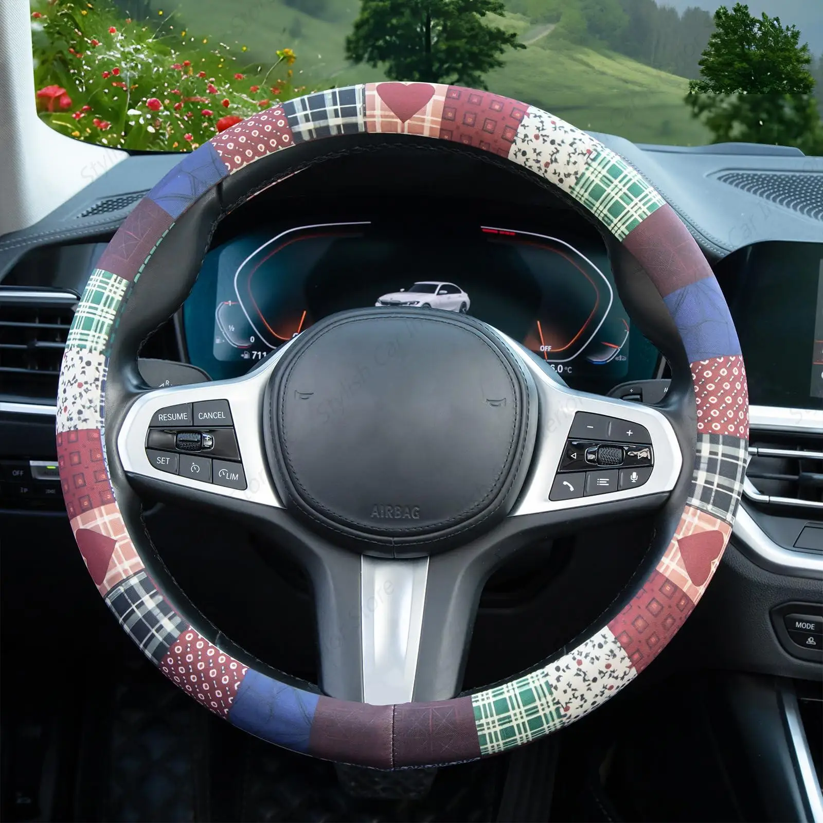 Squares and Hearts Patchwork Steering Wheel Cover Auto Steering Wheel Protector, Anti-Slip, Breathable, Absorbing Sweat